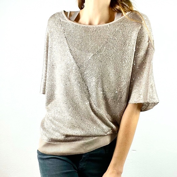 Alfani Sweaters - ALFANI | Champagne Sparkly Sequined Loose Dolman Batwing Shrug Sweater